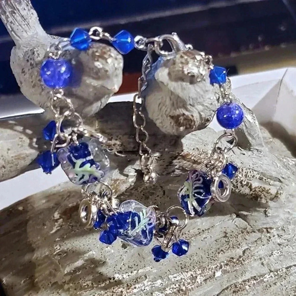 Vintage Murano Glass Beads Blue Silver Charm Bracelet PD 1178-BL C - Picture 3 of 7
